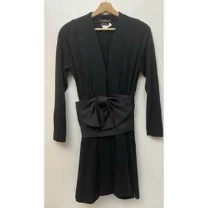 Vtg Donna Karan Long-Sleeve Little Black Dress W/Bow Belt‎ Sz M Shoulder Pads